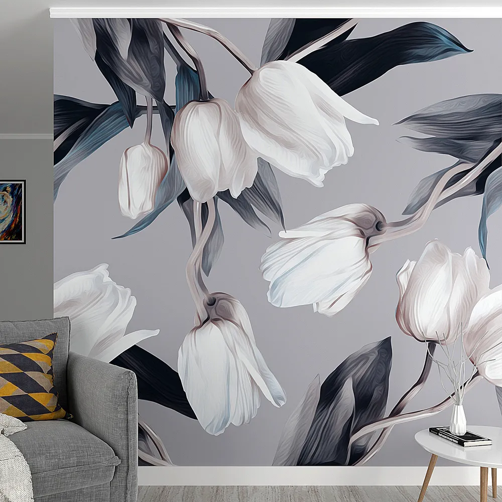Wild Tulips Grey &amp; Blue Premium Quality Wallpaper