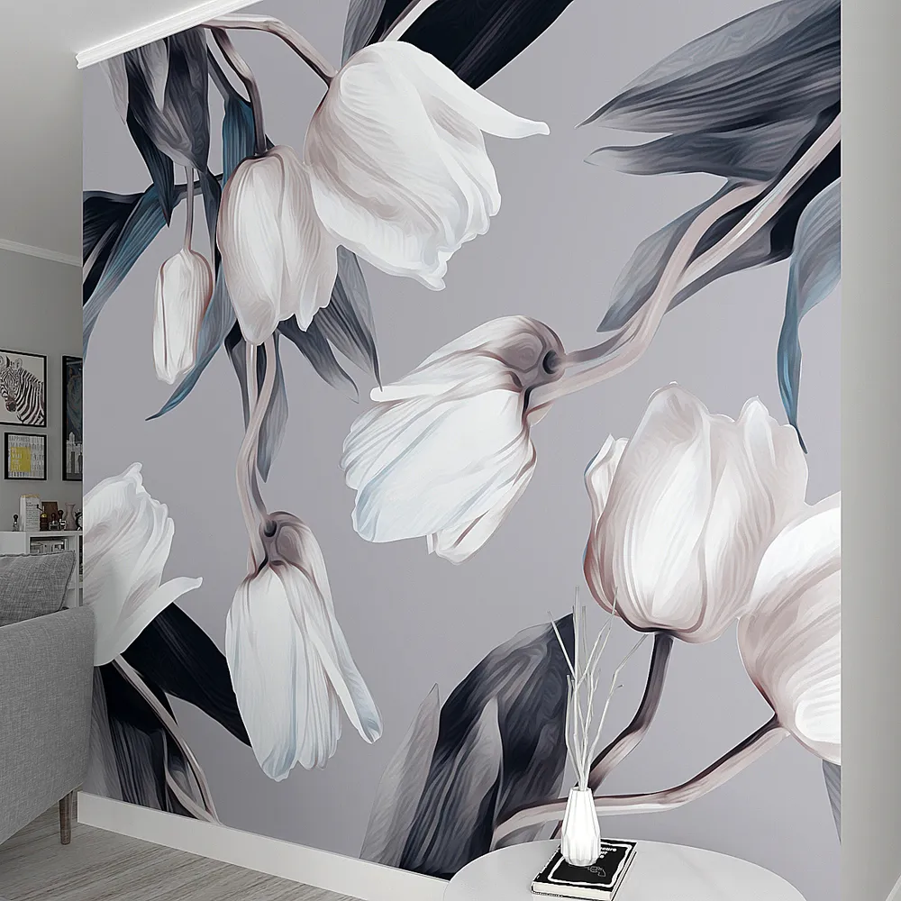 Wild Tulips Grey &amp; Blue Premium Quality Wallpaper