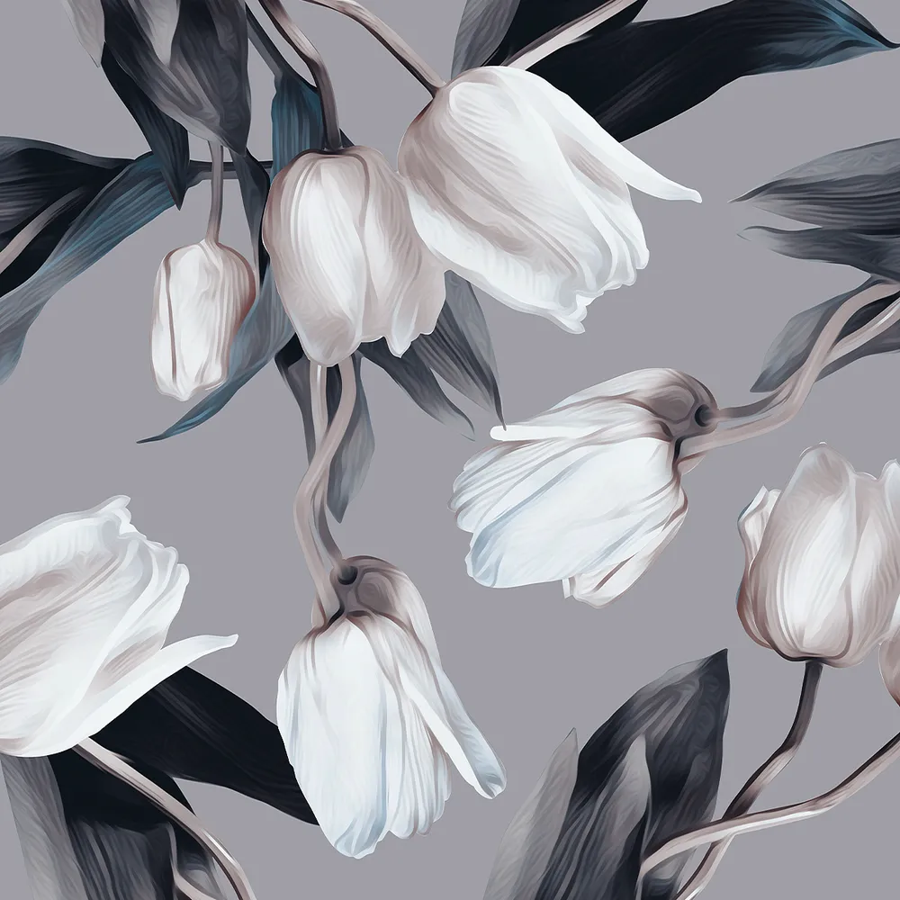 Wild Tulips Grey &amp; Blue Premium Quality Wallpaper