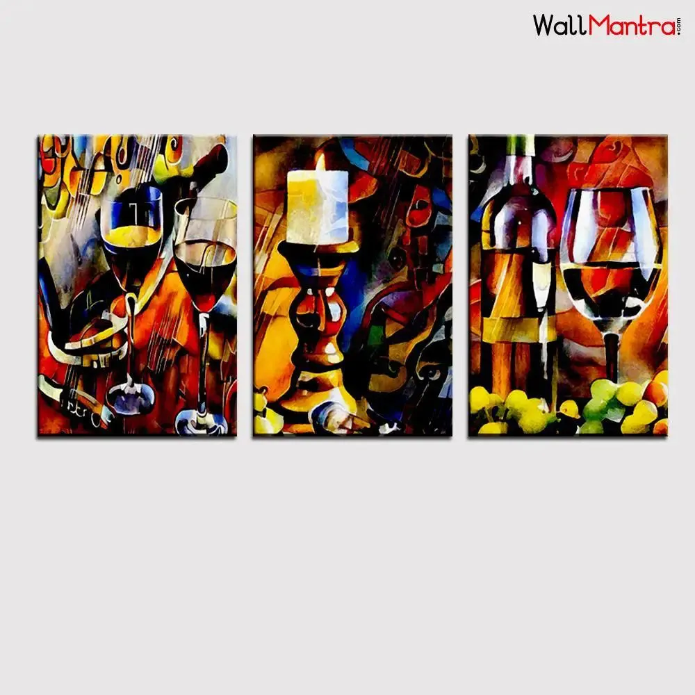 Wine Bottles, Glasses &amp; Grapes  3 Pieces Canvas Printed Painting