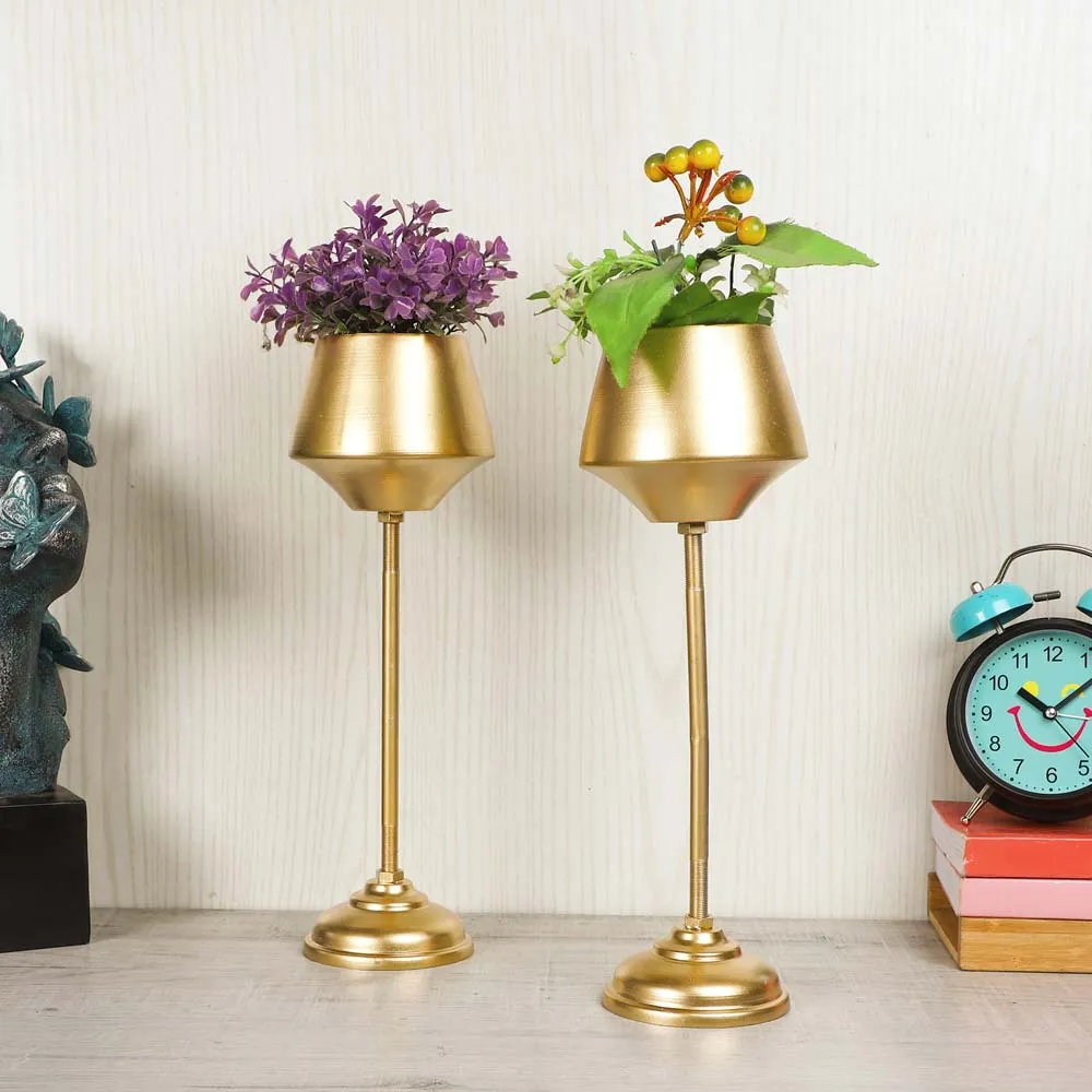 Wine Glass Shaped Golden Metal Planters Set Of 2