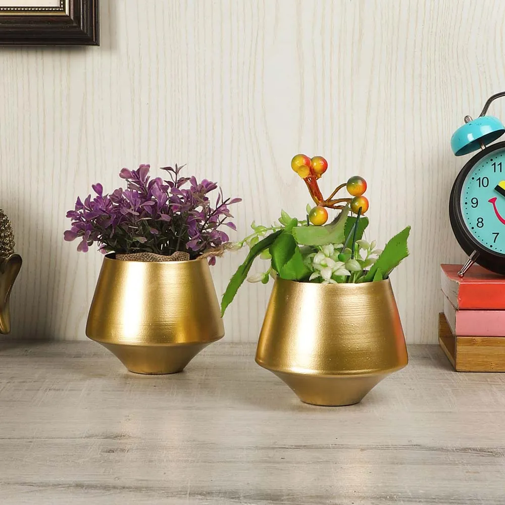 Wine Glass Shaped Golden Metal Planters With Stand Set Of 2 Single Piece