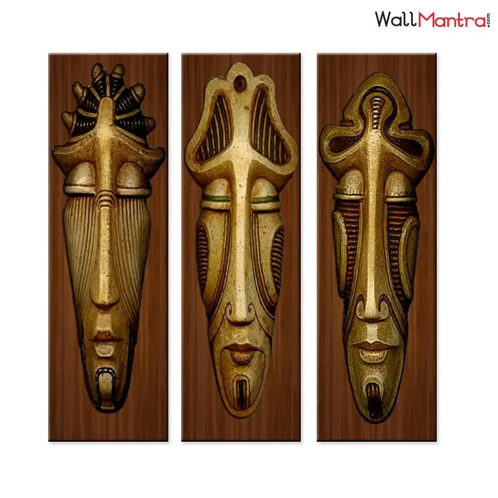 Wood African Tribal Mask 3 Pieces Wall Hanging