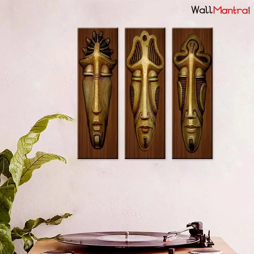 Wood African Tribal Mask 3 Pieces Wall Hanging