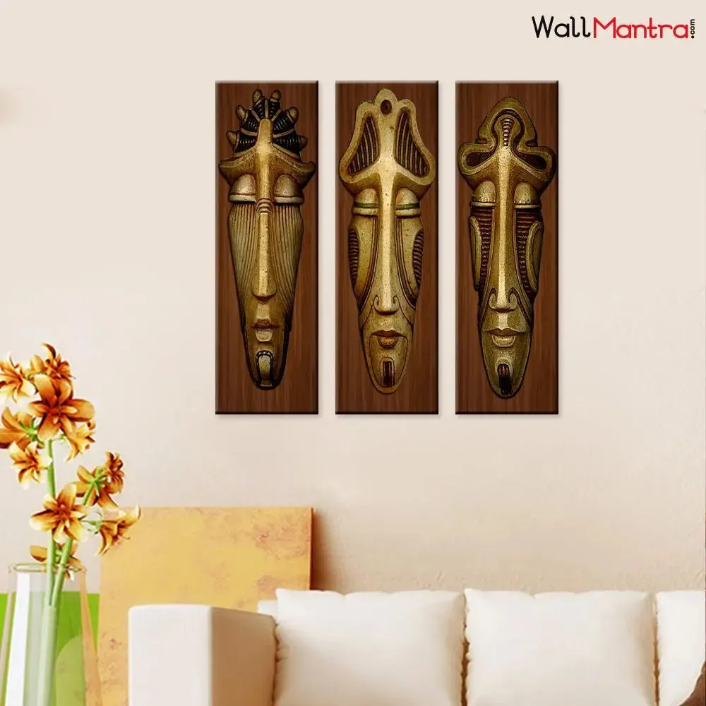 Wood African Tribal Mask 3 Pieces Wall Hanging