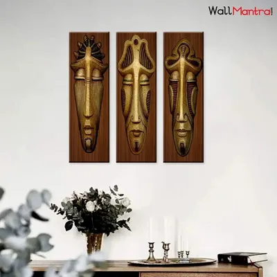 Wood African Tribal Mask 3 Pieces Wall Hanging