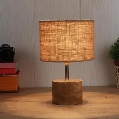 Wood base table lamp with Beige Jute Shade