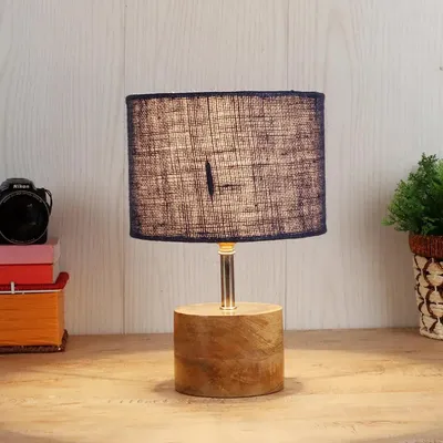 Wood base table lamp with Blue Jute Shade