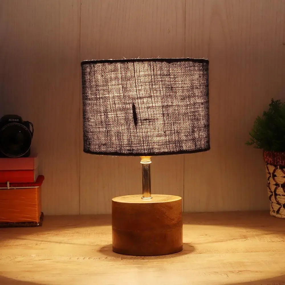 Wood base table lamp with Blue Jute Shade