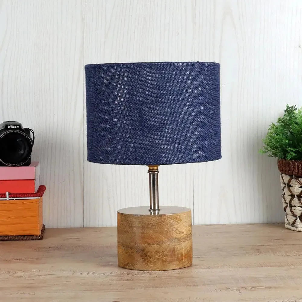 Wood base table lamp with Blue Jute Shade
