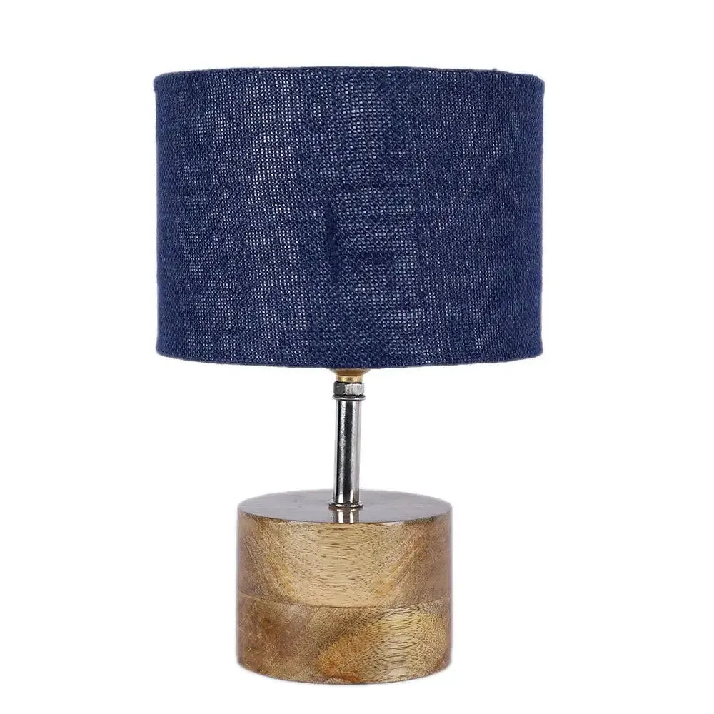 Wood base table lamp with Blue Jute Shade