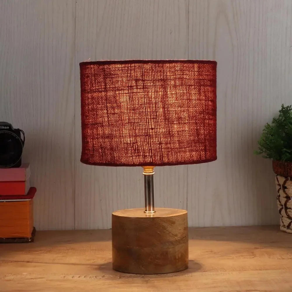 Wood base table lamp with Maroon Jute Shade