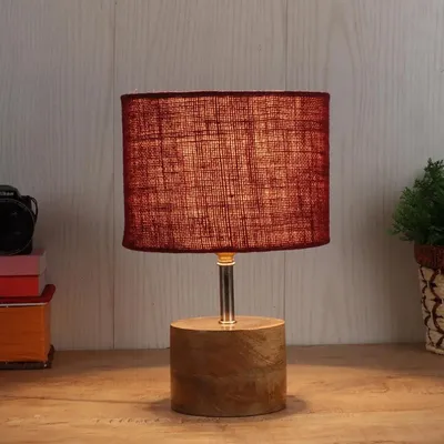 Wood base table lamp with Maroon Jute Shade