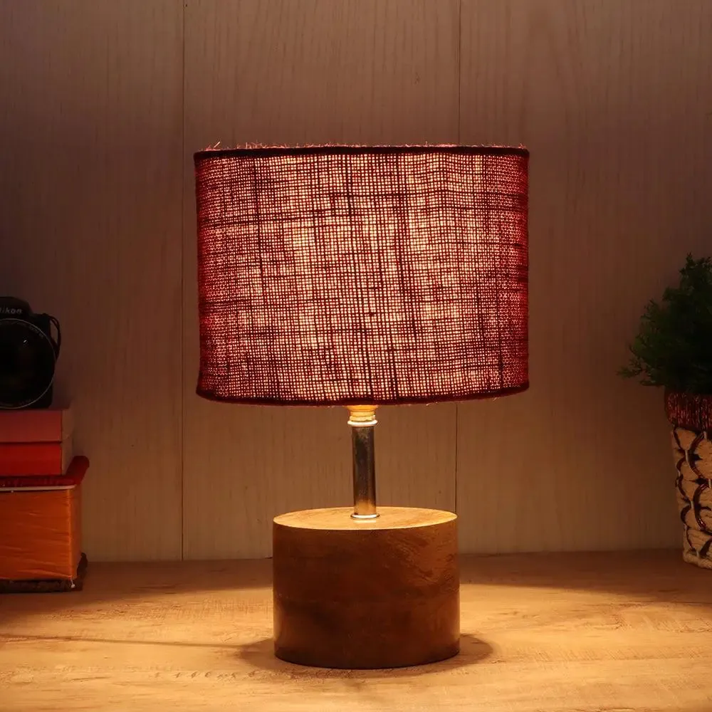 Wood base table lamp with Maroon Jute Shade