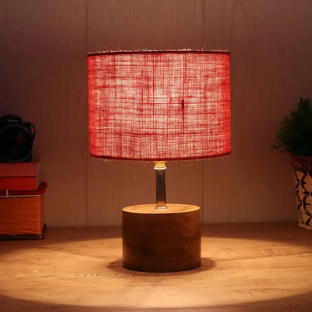 Wood base table lamp with Pink Jute Shade