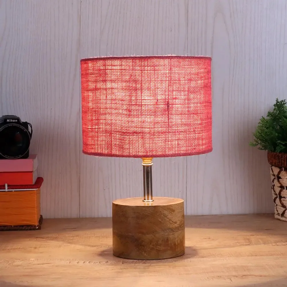 Wood base table lamp with Pink Jute Shade