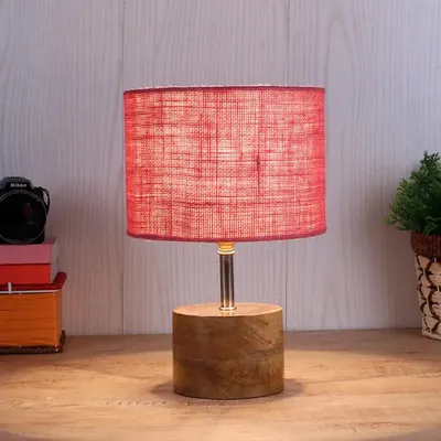 Wood base table lamp with Pink Jute Shade