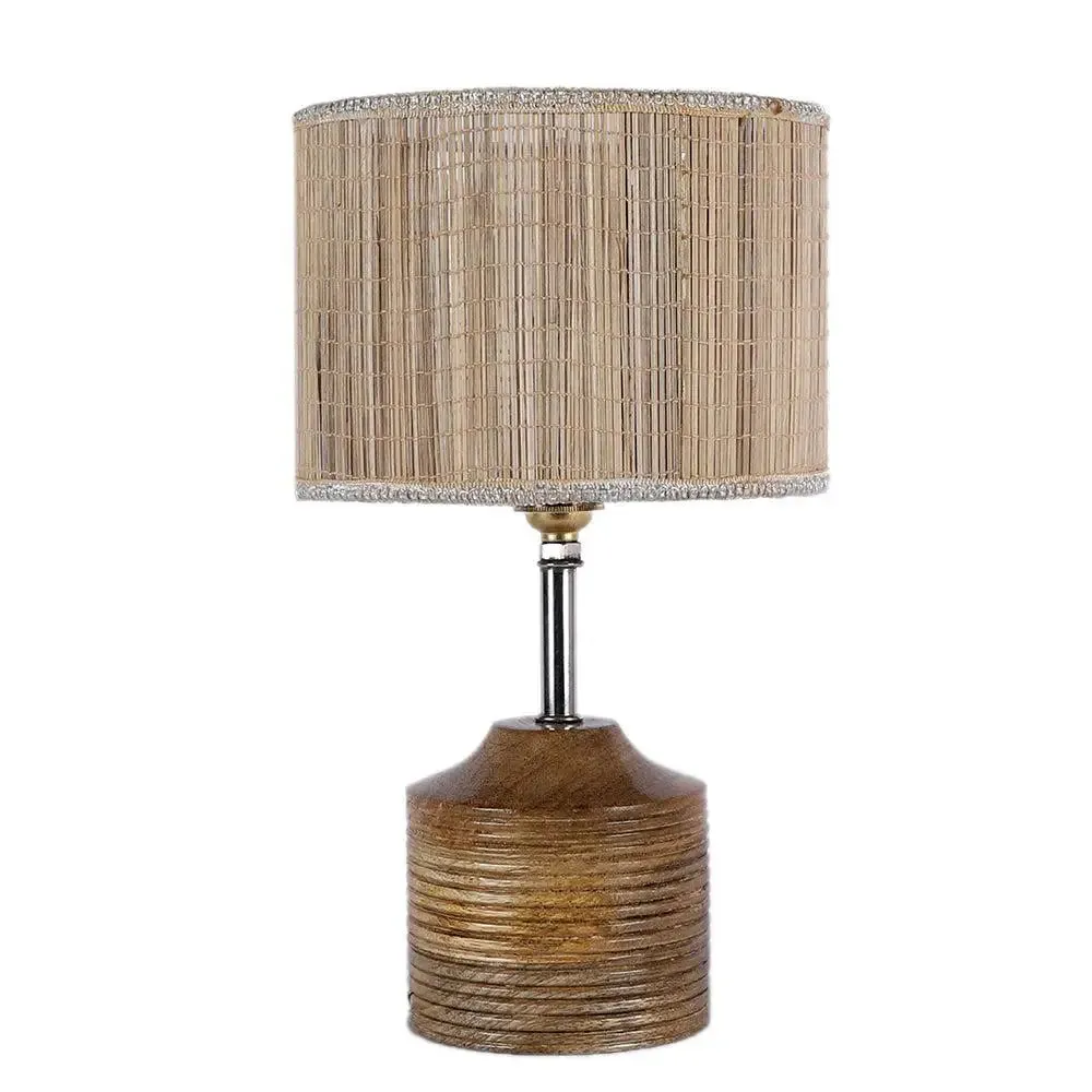 Wood Table Lamp with Beige Bamboo Shade