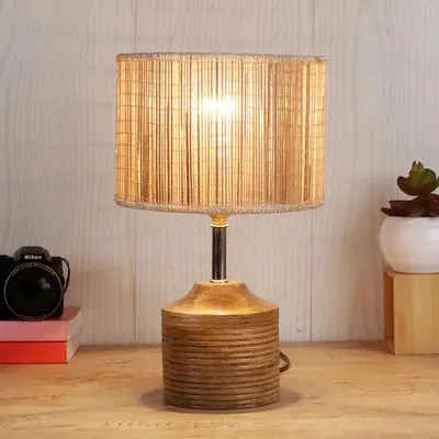 Wood Table Lamp with Beige Bamboo Shade