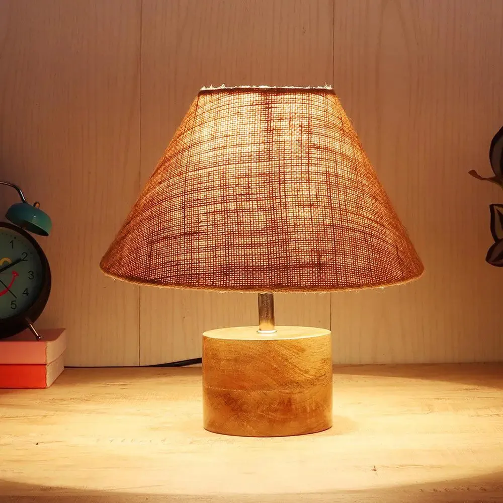 Wood Table Lamp with Beige Jute Shade