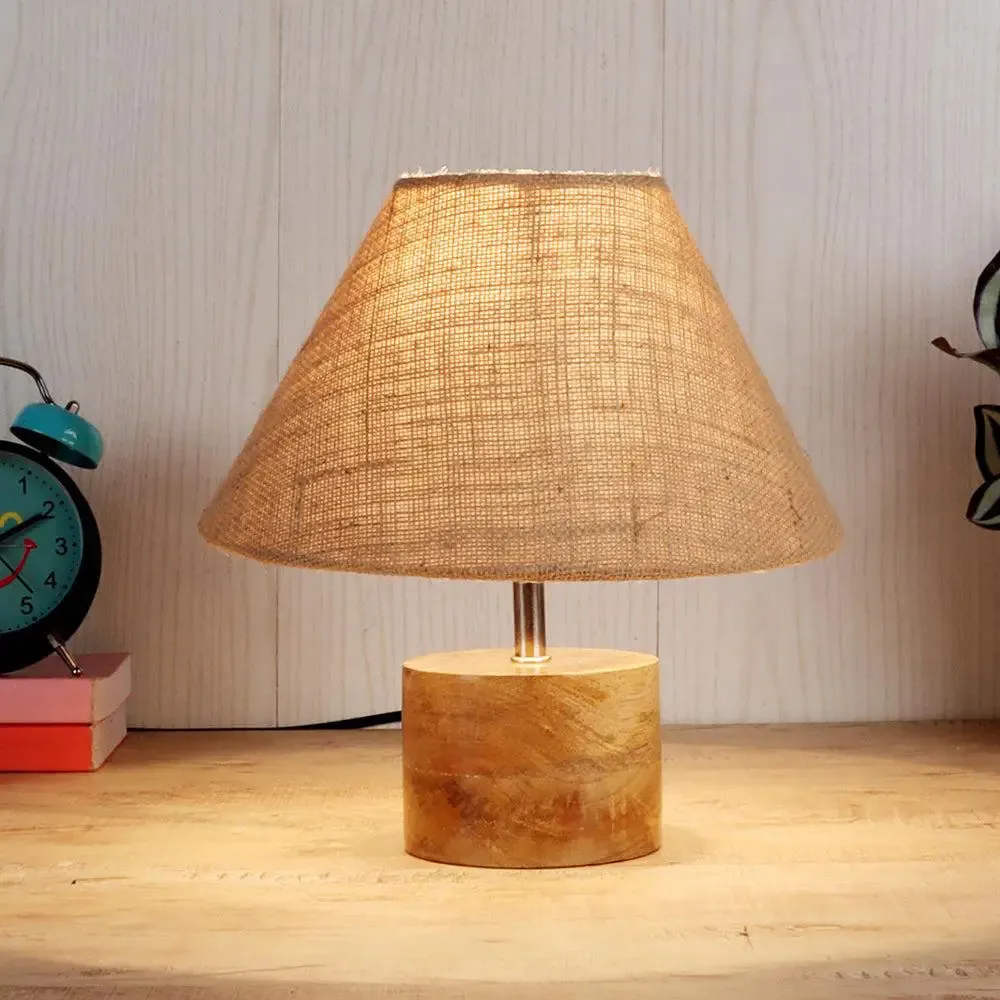 Wood Table Lamp with Beige Jute Shade