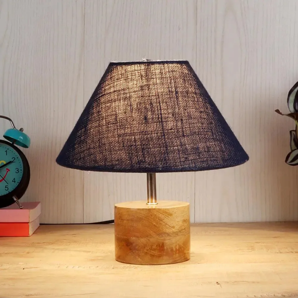 Wood Table Lamp with Blue Jute Shade
