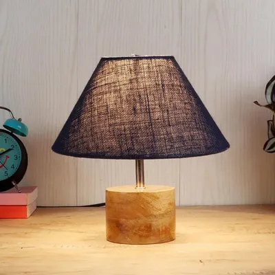 Wood Table Lamp with Blue Jute Shade