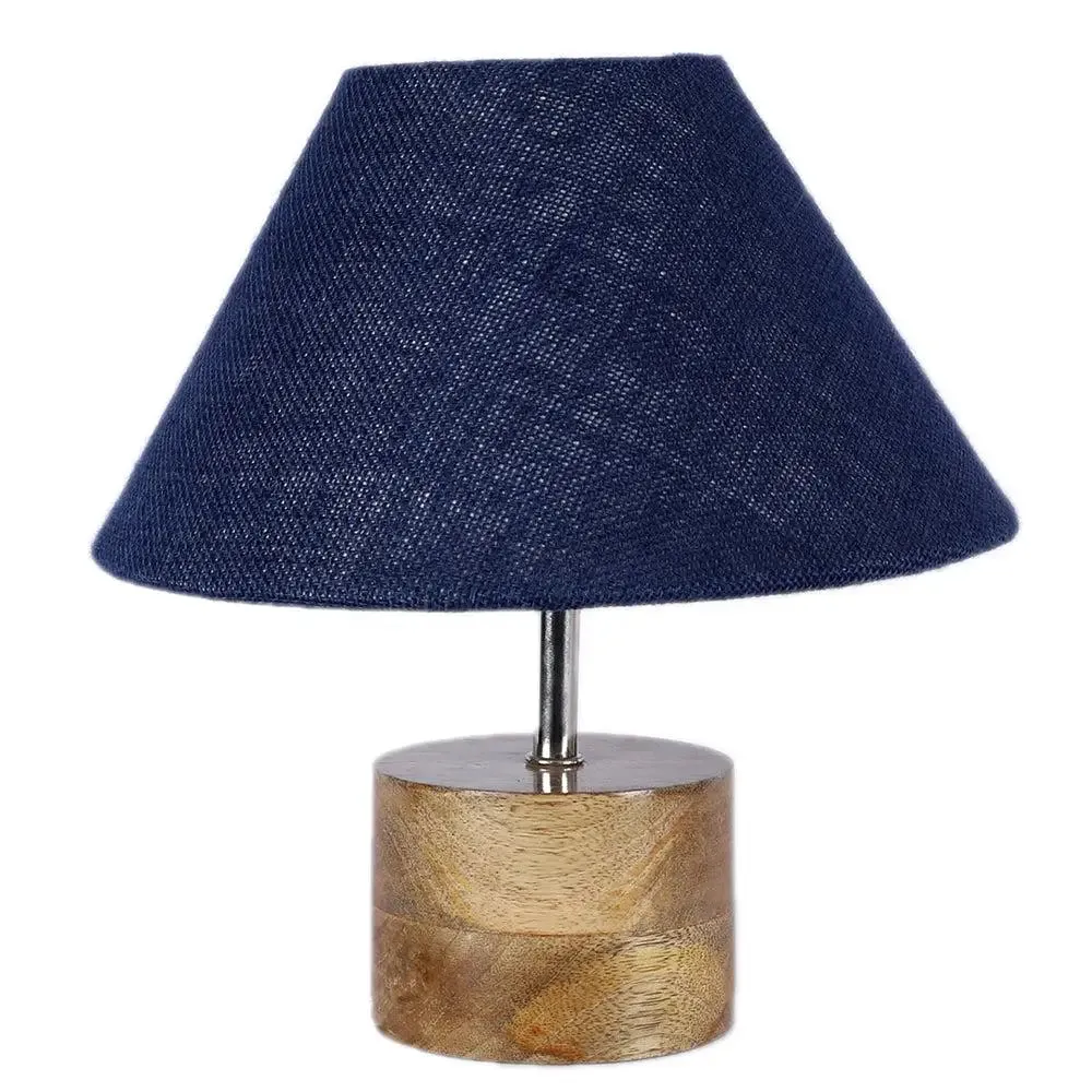 Wood Table Lamp with Blue Jute Shade