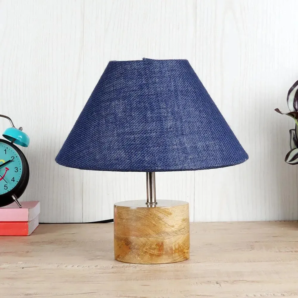 Wood Table Lamp with Blue Jute Shade