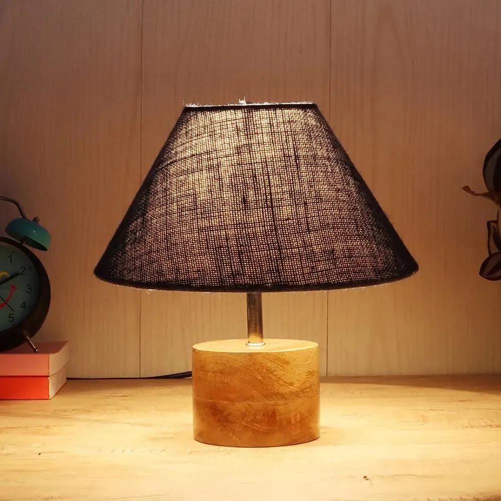 Wood Table Lamp with Blue Jute Shade