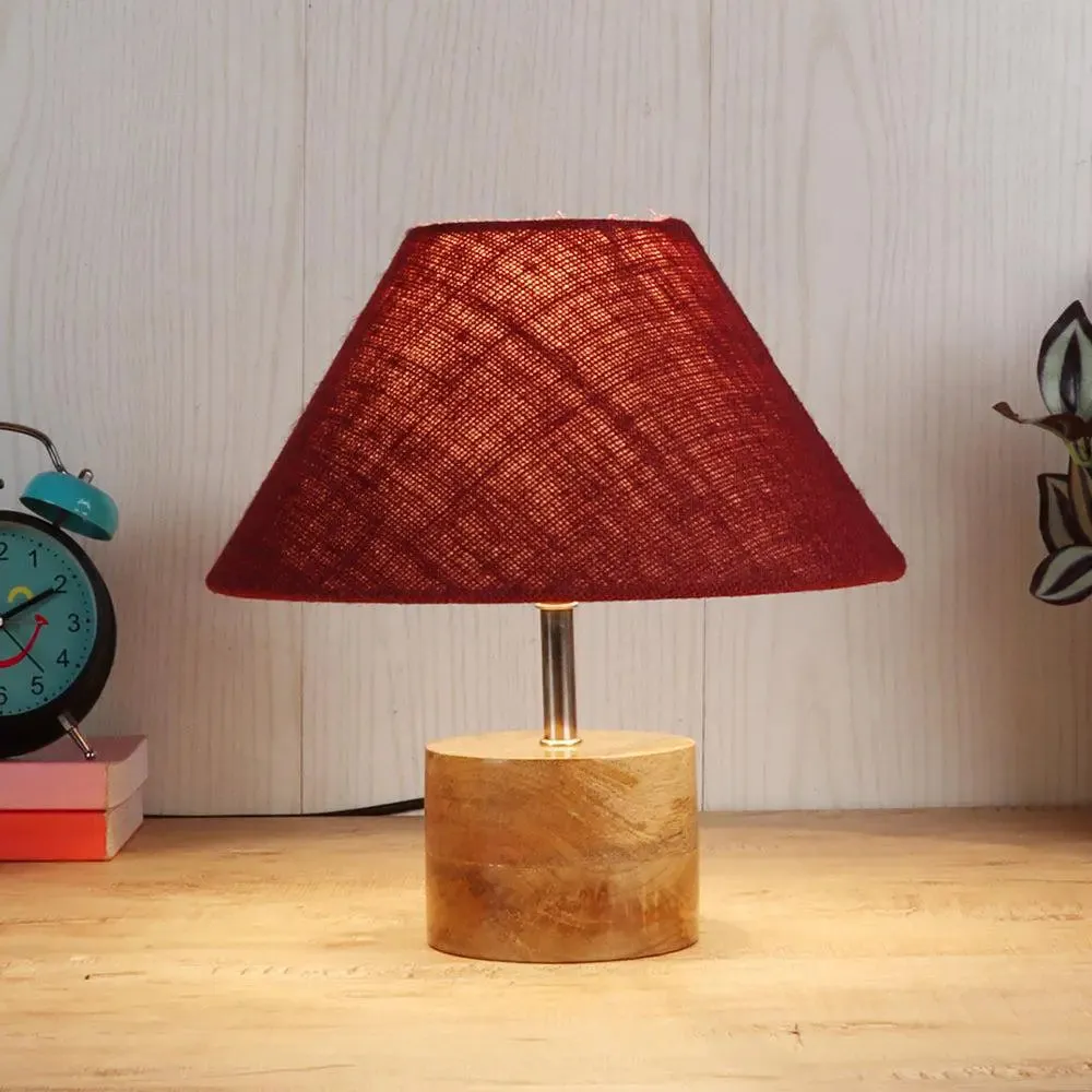 Wood Table Lamp with Maroon Jute Shade
