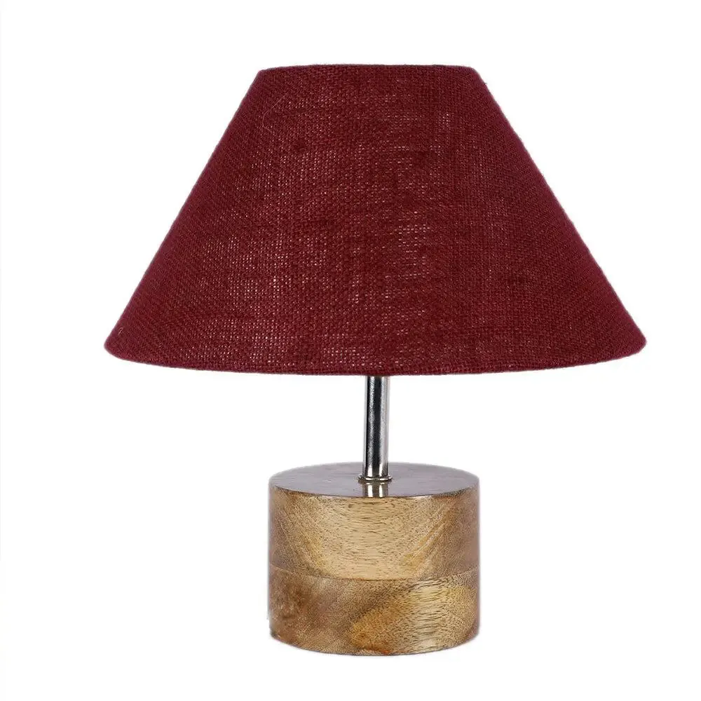 Wood Table Lamp with Maroon Jute Shade