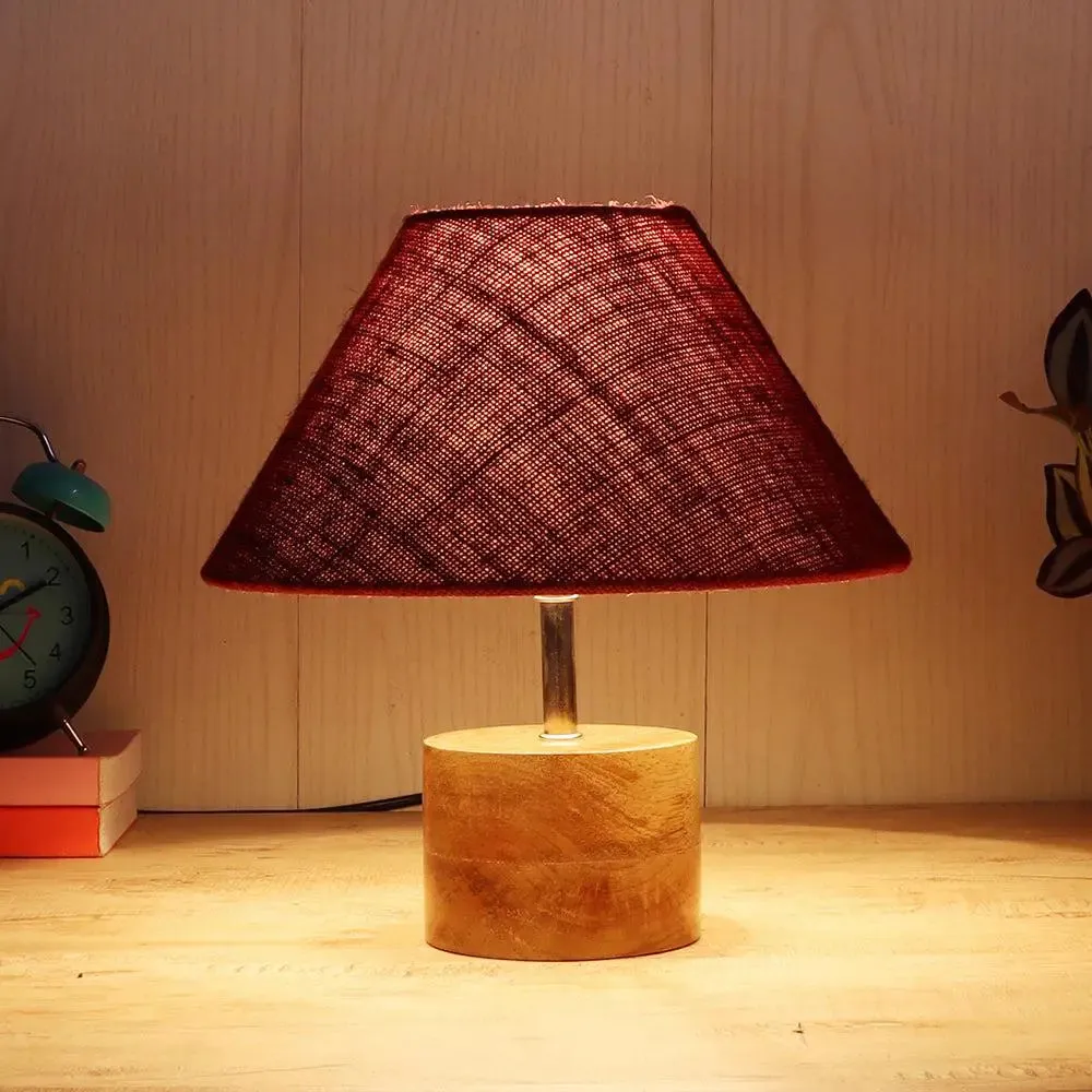 Wood Table Lamp with Maroon Jute Shade