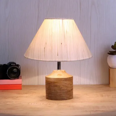 Wood Table Lamp with Off-White Cotton Shade