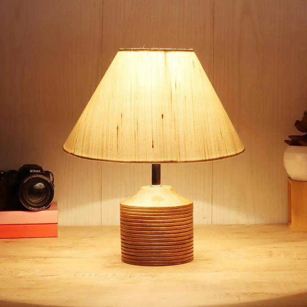 Wood Table Lamp with Off-White Cotton Shade