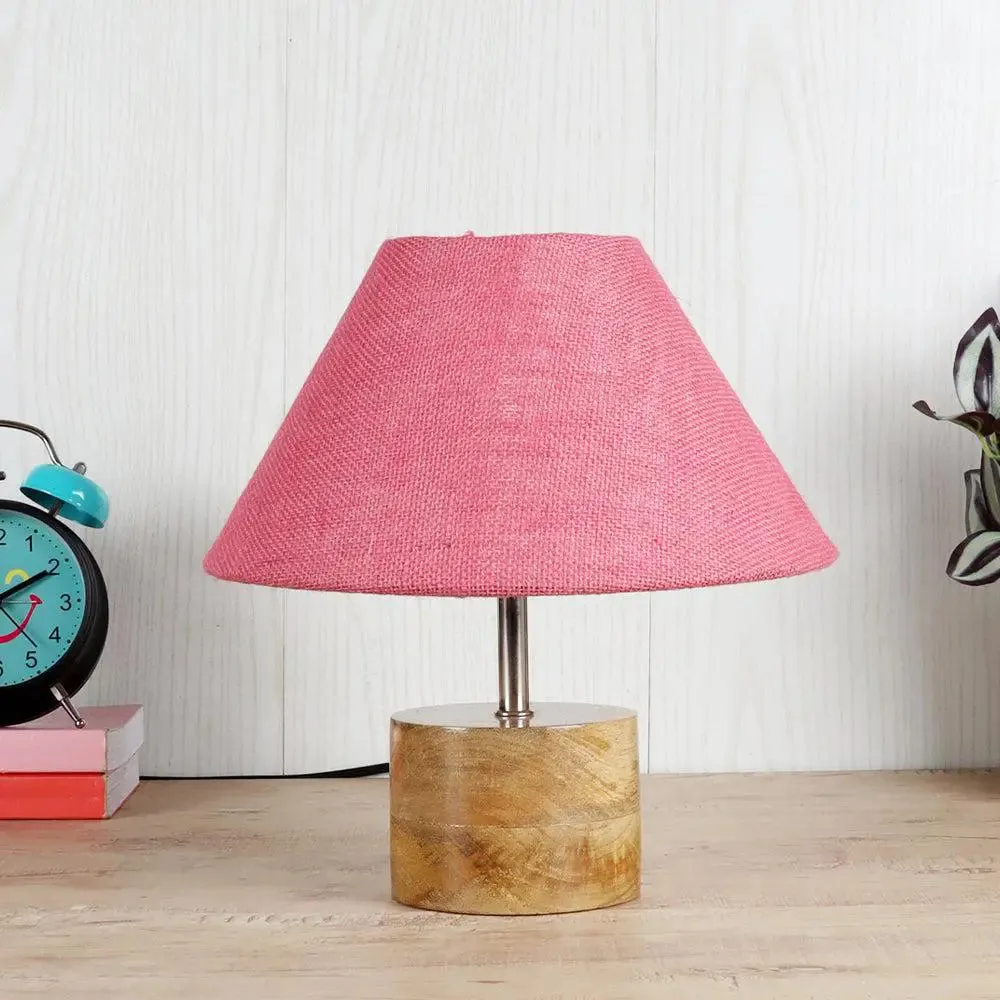 Wood Table Lamp with Pink Jute Shade