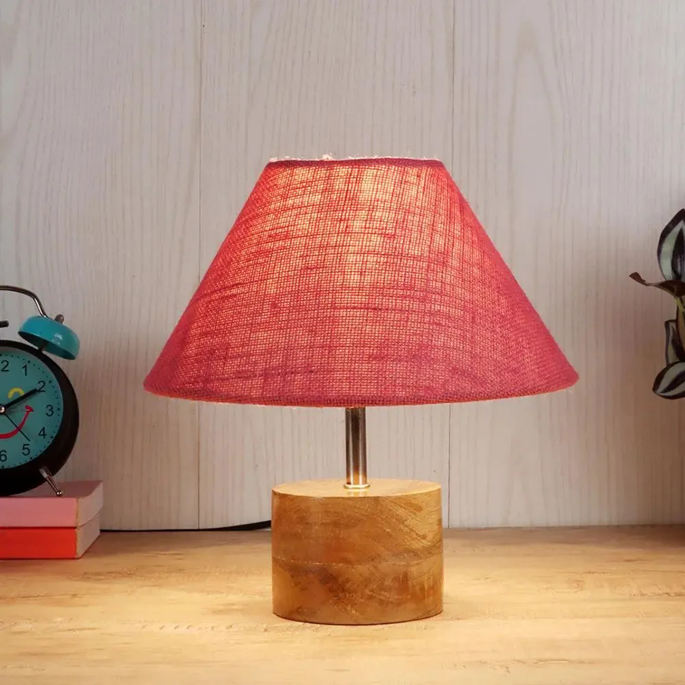 Wood Table Lamp with Pink Jute Shade