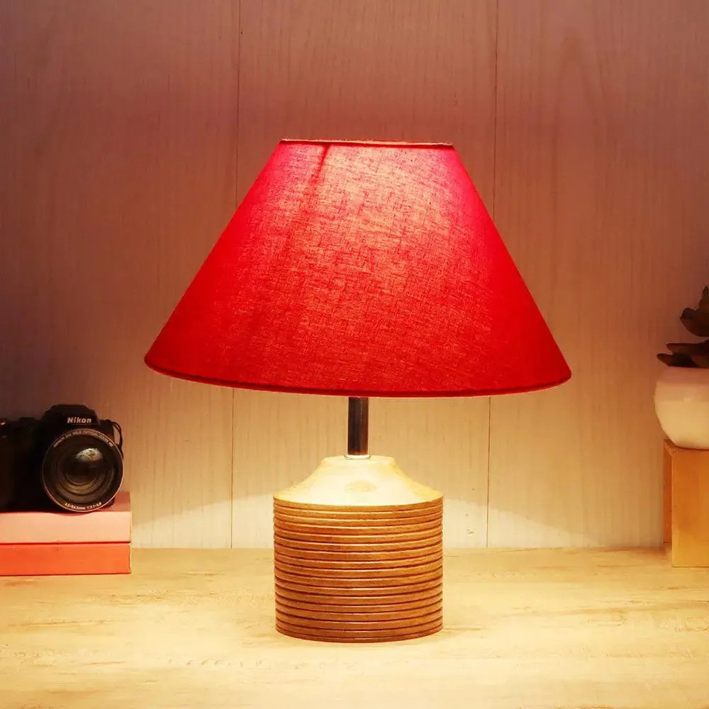 Wood Table Lamp with Red Cotton Shade