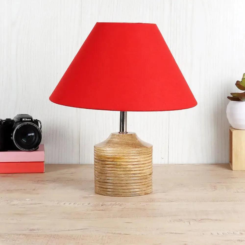 Wood Table Lamp with Red Cotton Shade