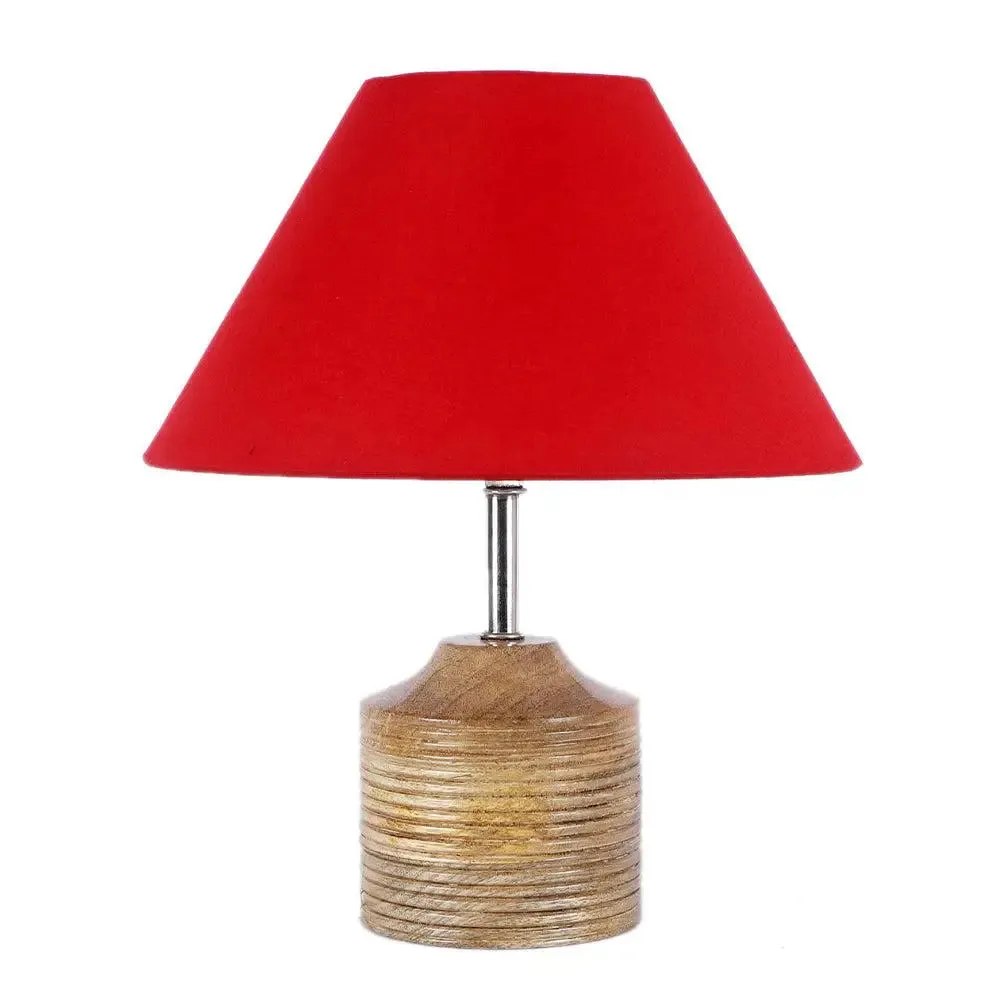 Wood Table Lamp with Red Cotton Shade