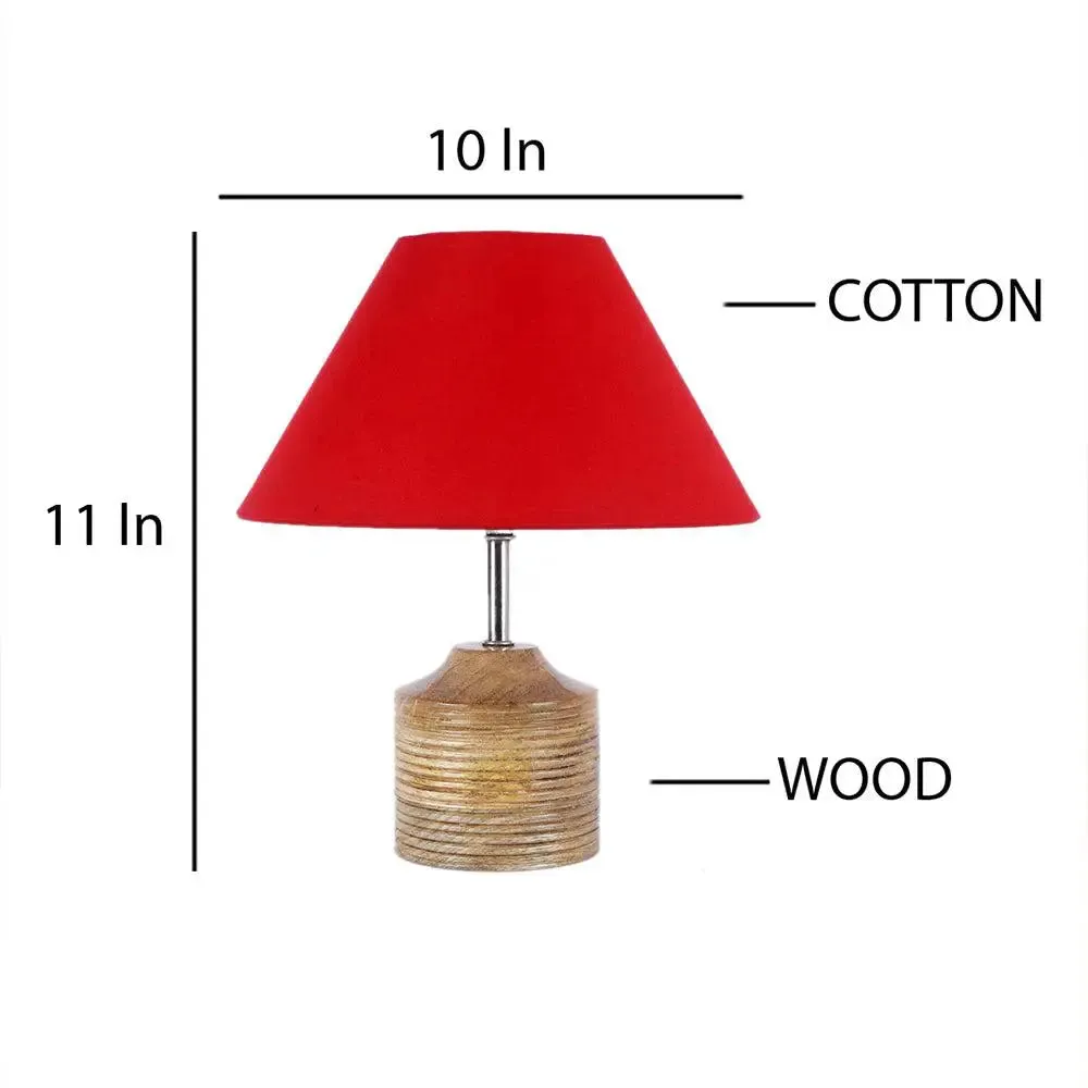 Wood Table Lamp with Red Cotton Shade
