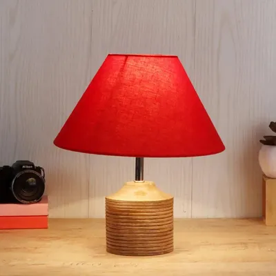 Wood Table Lamp with Red Cotton Shade