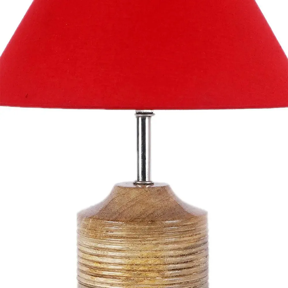 Wood Table Lamp with Red Cotton Shade