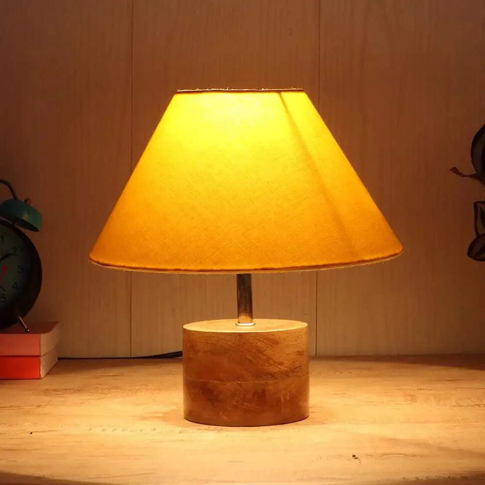 Wood Table Lamp with Yellow Cotton Shade