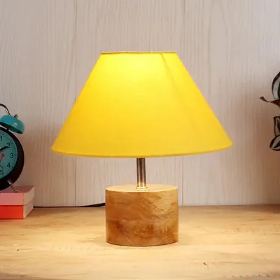 Wood Table Lamp with Yellow Cotton Shade