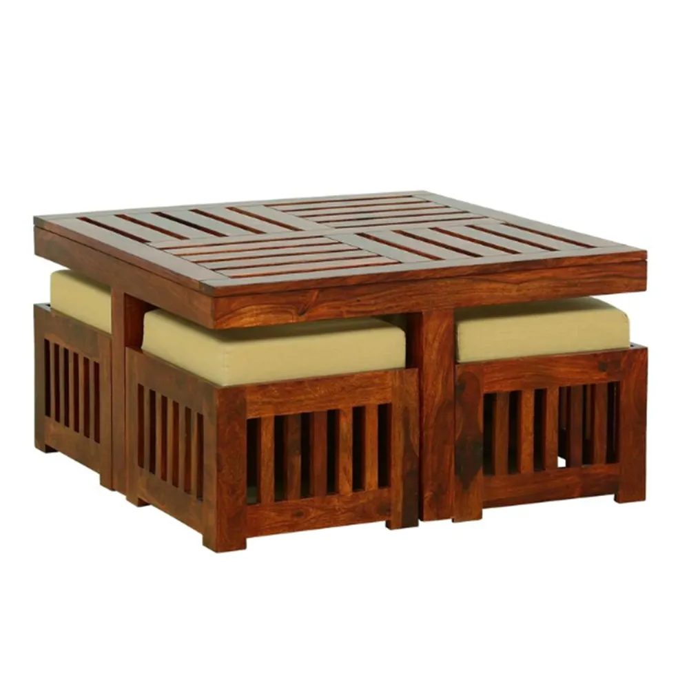 Wooden Bar Crafted Sheesham Storage Coffee Table With 4 Stools