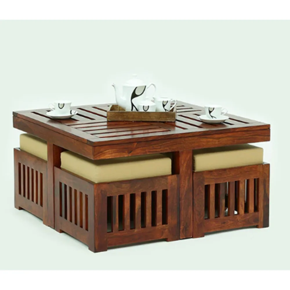 Wooden Bar Crafted Sheesham Storage Coffee Table With 4 Stools