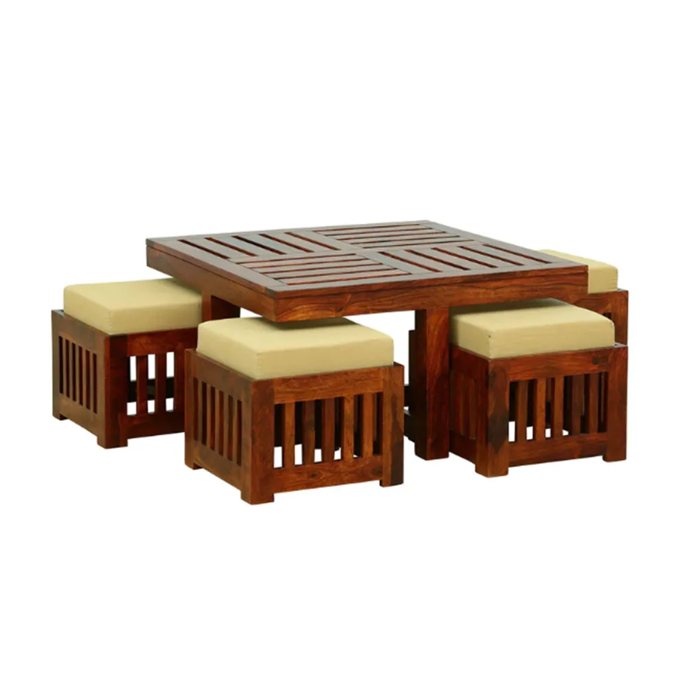 Wooden Bar Crafted Sheesham Storage Coffee Table With 4 Stools