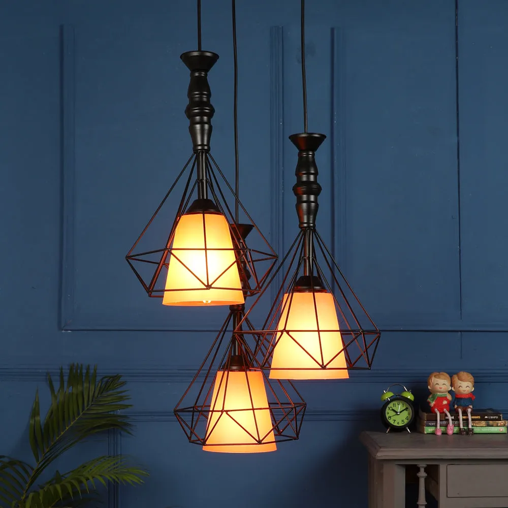 Wooden Black Framed Black Glass Cluster Hanging Lights
