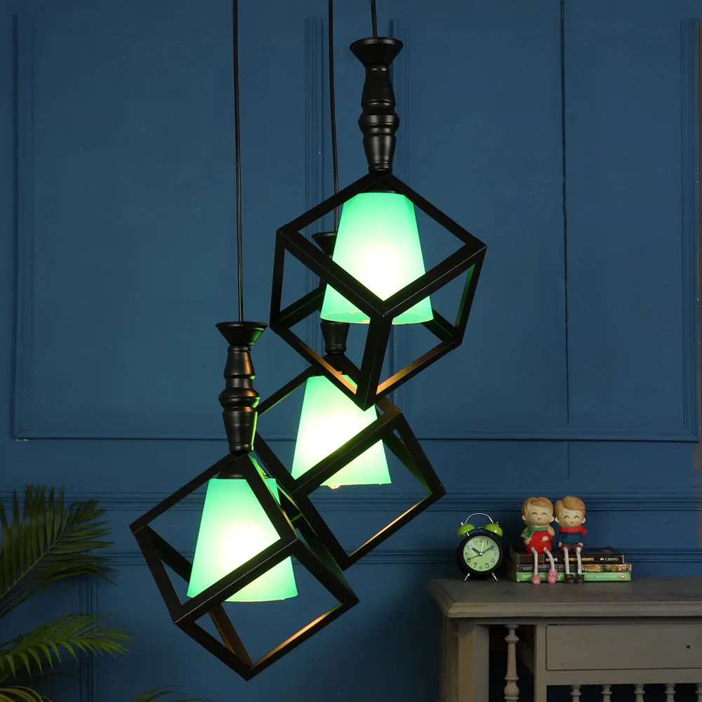 Wooden Black Framed Green Glass Cluster Hanging Lights Single Piece